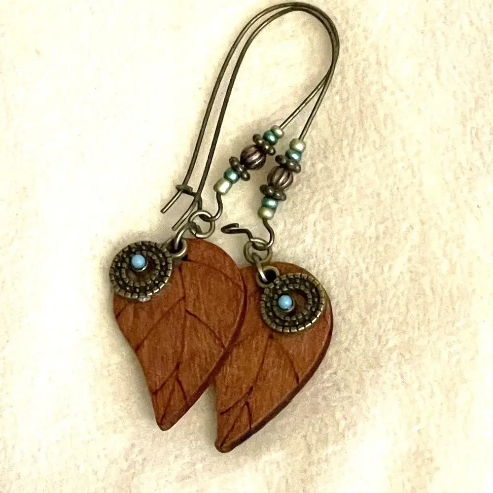 NEW Western Wooden Leaf Feather Earrings Brown with Turquoise Beading Boho Drop